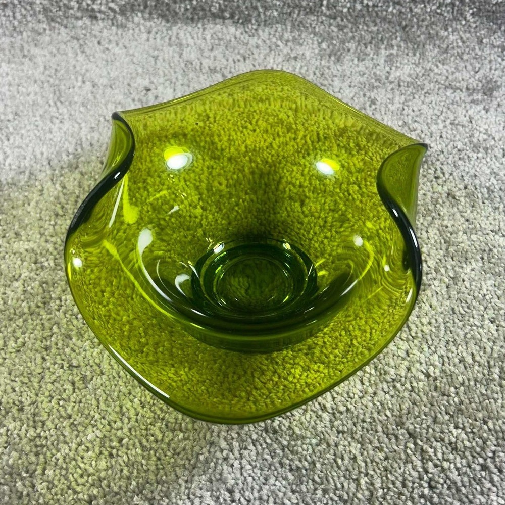 Viking Glass Ruffled Handkerchief Bowl Avocado Green MCM Art Glass Decor